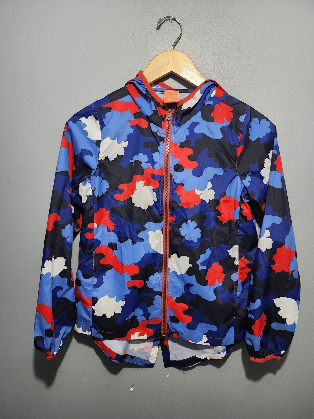 Joe Fresh Blue, Red & White Camo Hooded Rain Jacket